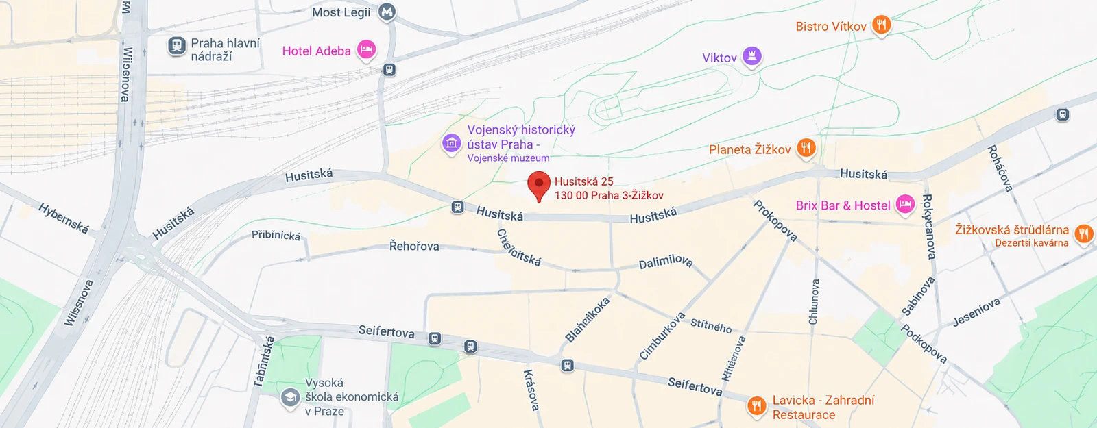 Statická mapa prodejny KENEX, Husitská 75/25, Praha 3